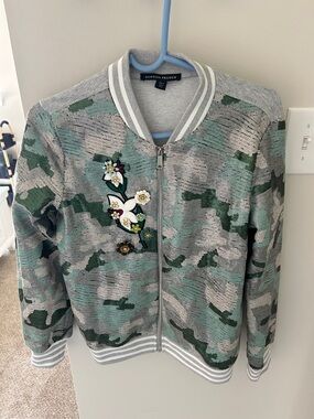 Boston Proper Gray & Green Camo Bomber Jacket with Floral Appliqué